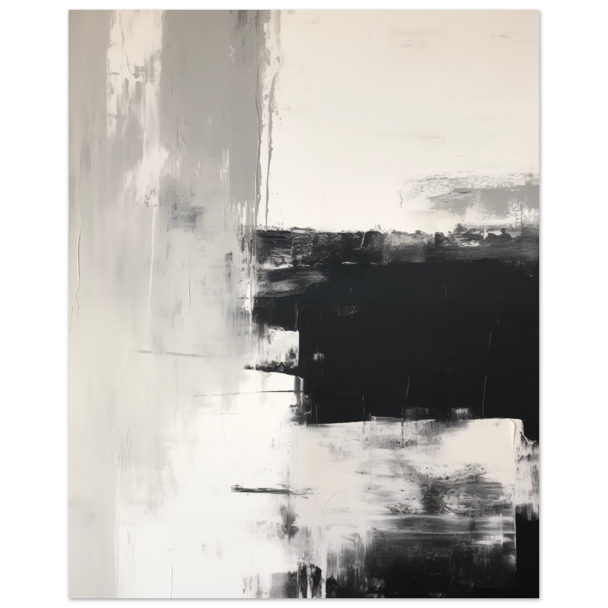 Poster „Silent Reflections“ mit abstrakten schwarzen und grauen Pinselblöcken auf hellem Grund, 20x25 cm