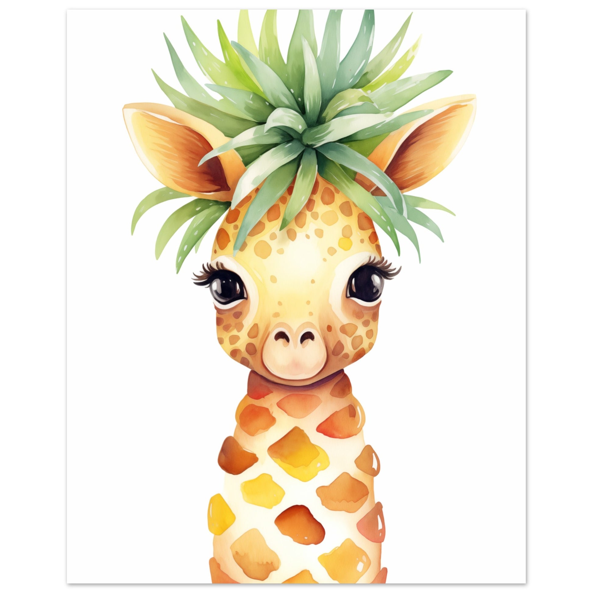 Poster „Gigi die Giraffenananas“ mit niedliche Giraffe mit Ananas-Körper und grüner Blätterkrone, 20x25 cm