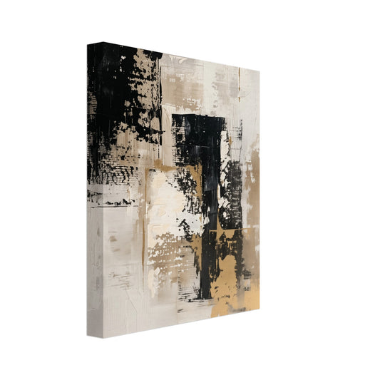 Leinwand „Timeless Elegance“ mit abstrakten schwarzen, cremefarbenen und goldbeigen Flächen, 20x25 cm