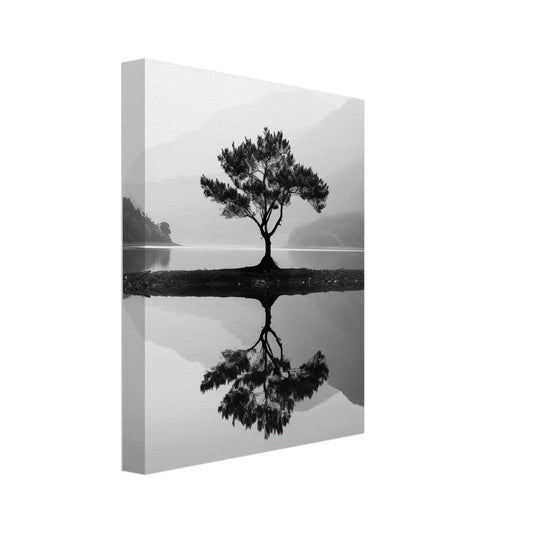 Leinwand „Absolute Ruhe“ mit einzelnem Baum und Spiegelung in ruhiger Schwarzweißlandschaft, 20 × 25 cm