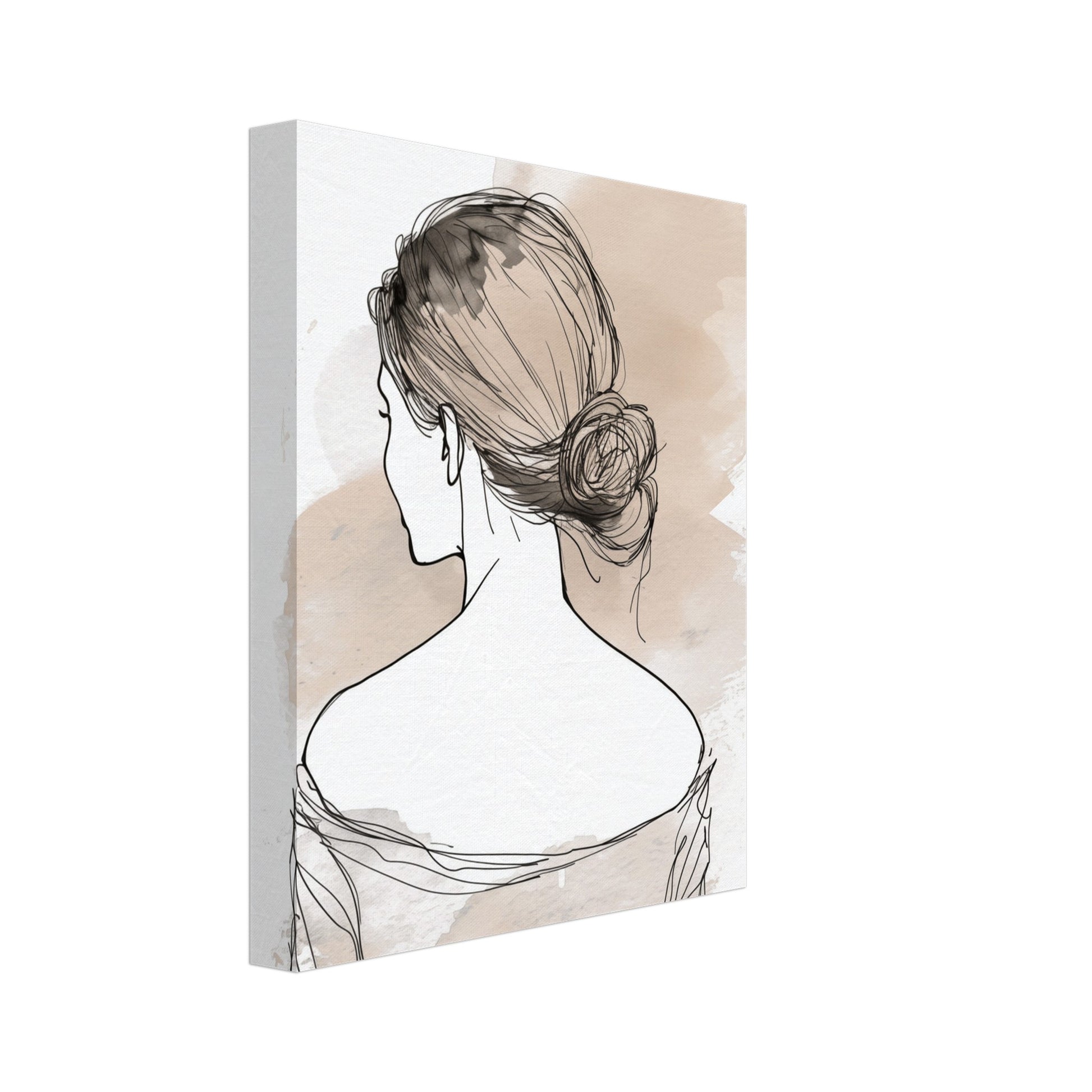 Leinwand „Elegantes Profil“ mit minimalistisches Frauenprofil von hinten mit Haarknoten in Creme, 20x25 cm