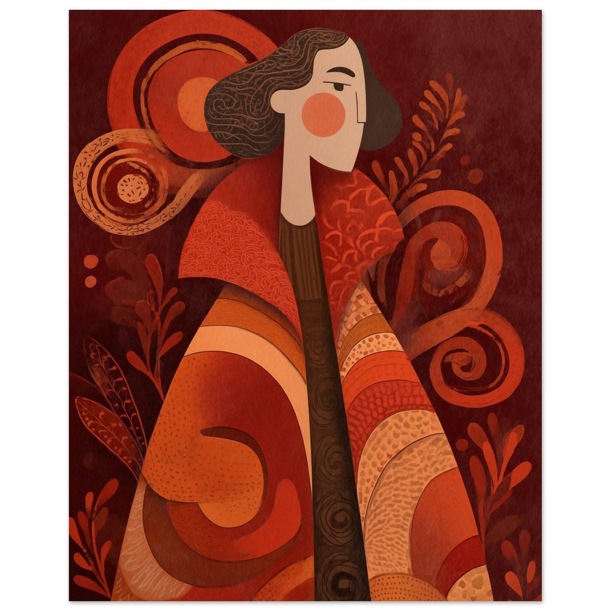 Wandbild „Abstraktes Porträt in Erdtönen“ mit stilisiertem Frauenporträt in Orange, Rost und Creme, 20 × 25 cm