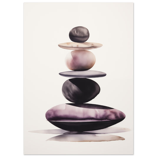 Poster „Balance der Formen“ mit gestapelten organischen Steinen in Schwarz, Taupe und Altrosa, 13 × 18 cm