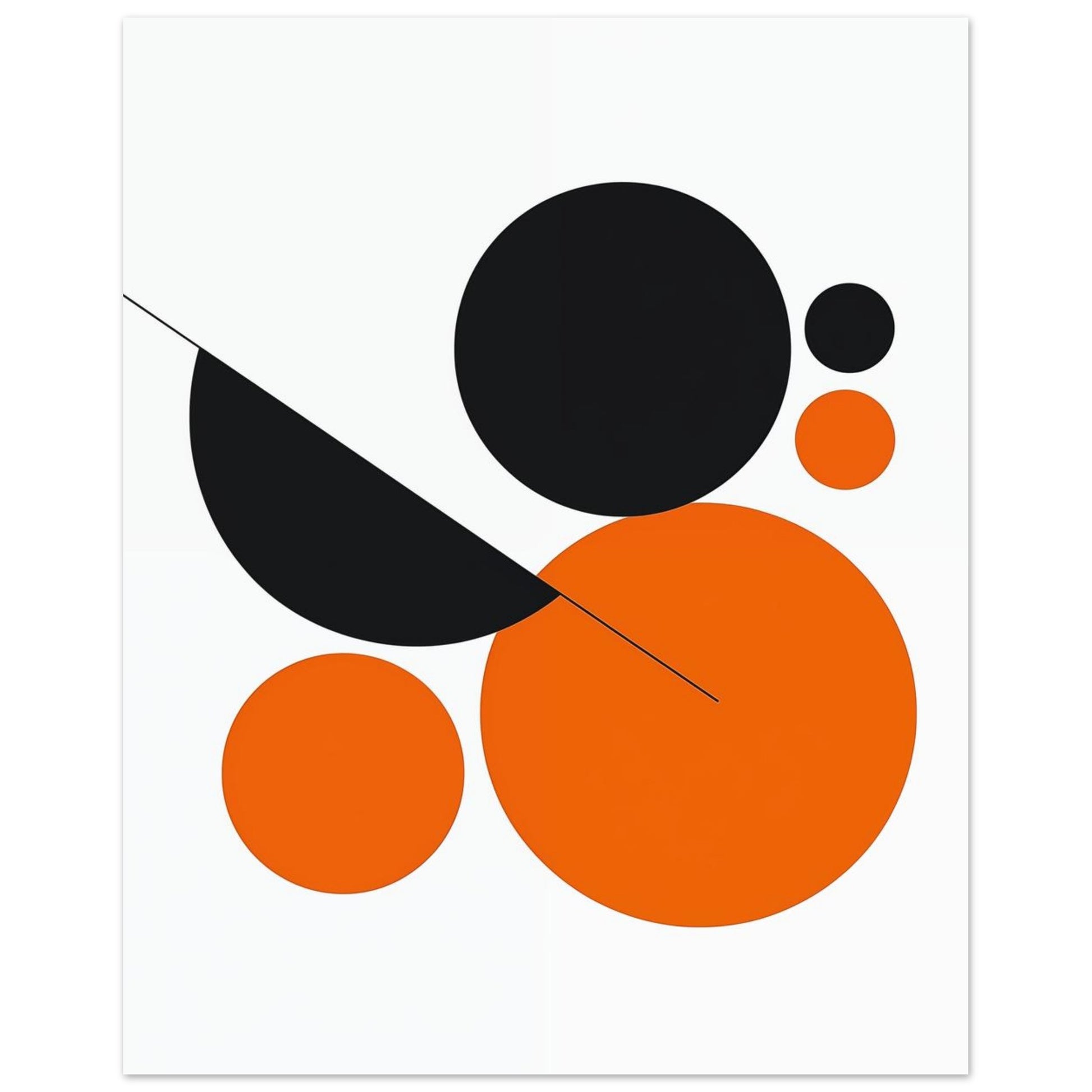 Wandbild „Abstrakte Kreiskomposition in Orange und Schwarz“ mit schwarzen Kreisen und orangefarbenen geometrischen Formen, 20 × 25 cm