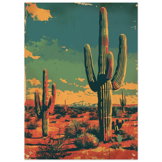 Poster „Wüstenzauber“ mit Retro-Wüstenlandschaft mit Kakteen in Petrol und Orange, 13x18 cm
