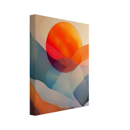 Leinwand „Sonnenuntergangswellen“ mit abstrakten Wellen in Blau, Orange und Creme mit roter Sonne, 20x25 cm