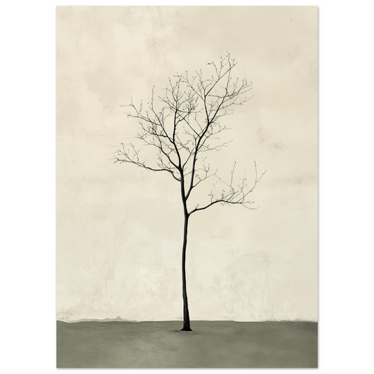 Poster „Baum in der Stille“ mit einzelnem kahlem Baum auf Creme mit ruhiger grauer Bodenfläche, 13 × 18 cm