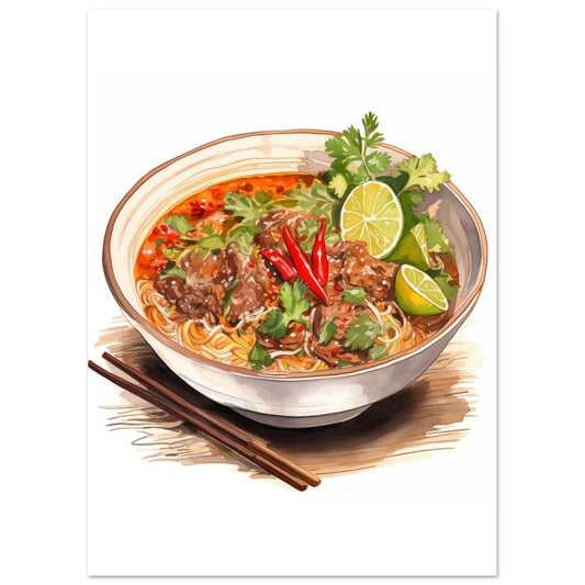 Poster „Thailändische Nudelsuppe“ mit thailändischer Nudelsuppe mit Limette, Chili und Kräutern, 13x18 cm