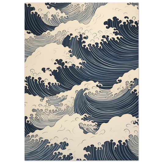 Poster „Serenity Swell“ mit stilisierten dunkelblauen Meereswellen auf cremefarbenem Grund, 13x18 cm