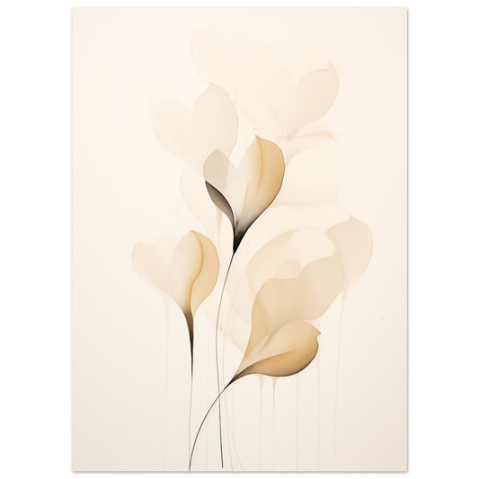 Poster „Blüten des Lichts“ mit filigrane beige Blätter und Zweige in ruhiger minimalistischer Komposition, Format 13 × 18 cm