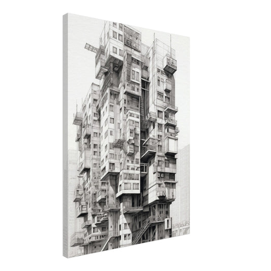Leinwand „Urban Labyrinth“ mit surrealem Hochhaus aus gestapelten Balkonen in Schwarzweiß, 50x70 cm