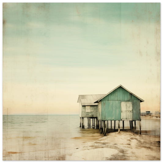 Poster „Stille über dem Wasser“ mit mintgrüner Strandhütte über ruhigem Wasser, 25x25 cm