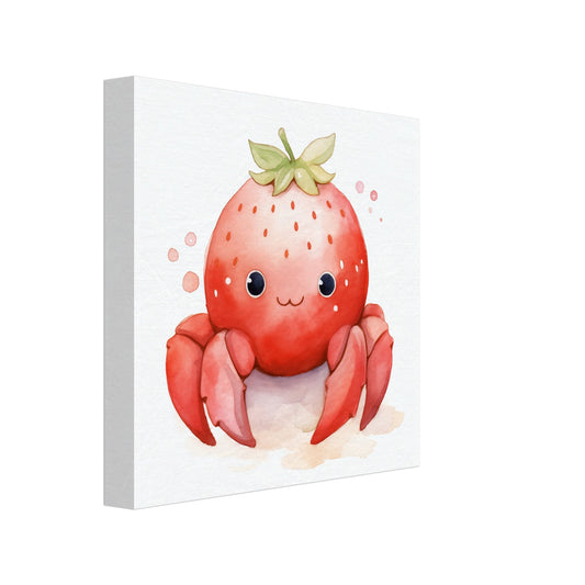 Leinwand „Craby Berry“ mit niedliche Erdbeer Krabbe mit rotem Körper und grünem Blattkranz, Format 20 × 20 cm