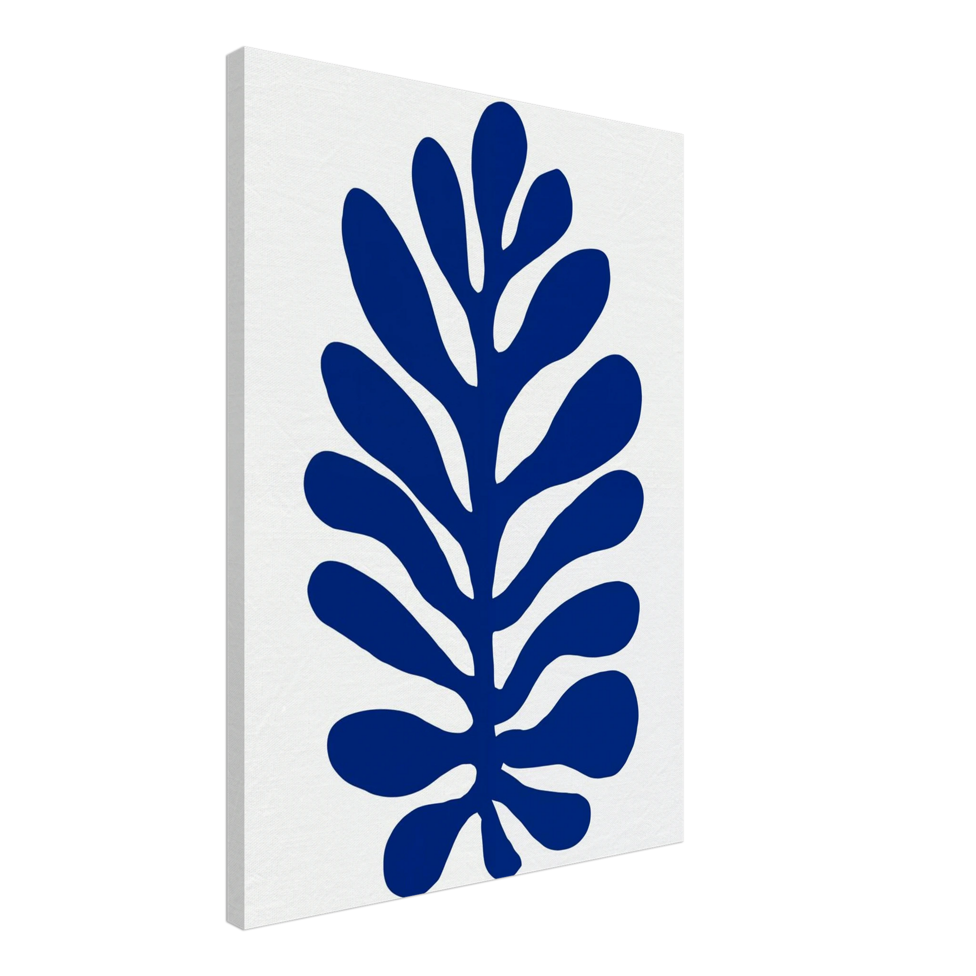 Leinwand „Matisse Leaf No. 1“ mit dunkelblaues organisches Blattmotiv im Matisse-Stil auf hellem Grund, 50x70 cm