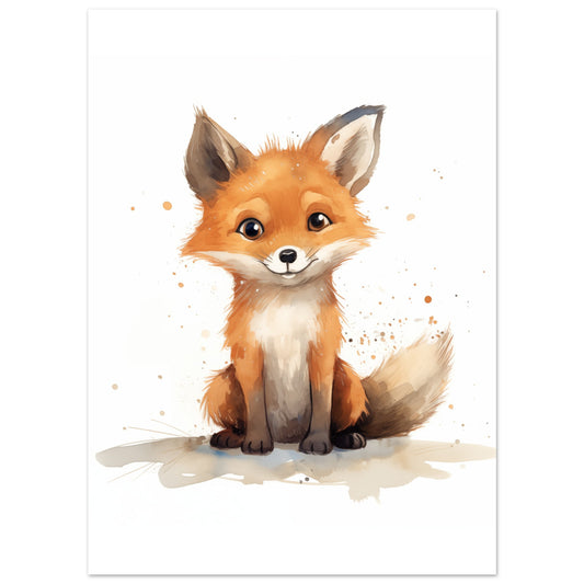 Poster „"Felix" der freche Fuchs“ mit niedlicher orangefarbener Fuchs als sanfte Aquarellillustration auf hellem Grund, 13x18 cm