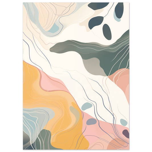 Poster „Gezeitenstrom“ mit fließende abstrakte Formen und Linien in Creme, Apricot, Mint, Salbei und Dunkelgrün, 13x18 cm