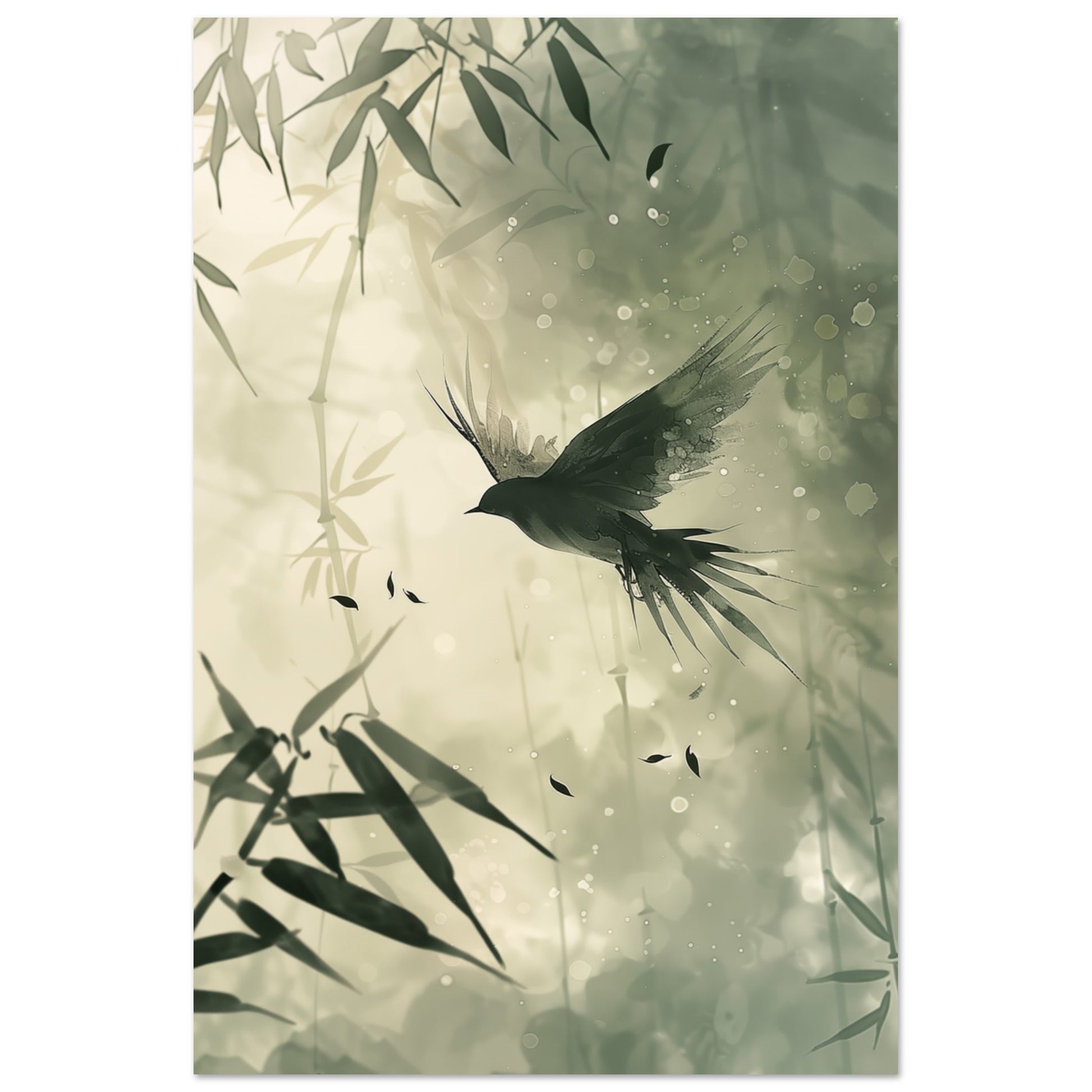 Wandbild „Vogel im Bambuswald“ mit schwarzer Vogel im Flug zwischen zarten Bambusblättern in Salbei und Beige, 60x90 cm