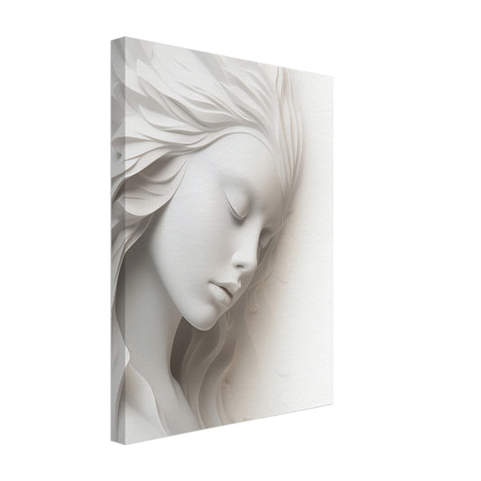 Leinwand „Gedankenstille in Marmor“ mit ruhiges Frauenprofil in weißer Marmoroptik mit fließenden Haarformen, 30x40 cm