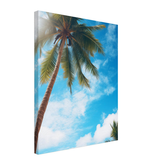 Leinwand „Himmelshoch“ mit hohe Palmen vor leuchtend türkisblauem Himmel mit weichen weißen Wolken, 40x50 cm