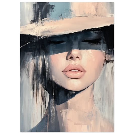 Poster „Verborgene Eleganz“ mit Frauenporträt mit schwarzem Pinselbalken über den Augen, 13x18 cm