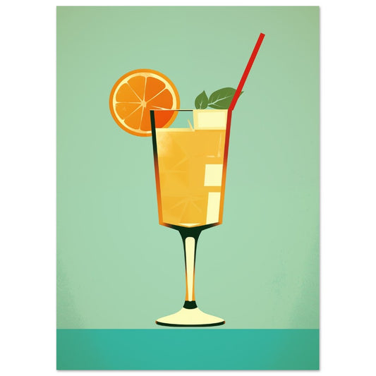 Poster „Happy Hour“ mit orangefarbener Cocktail mit Zitrusscheibe und rotem Strohhalm auf mintgrünem Hintergrund, 13x18 cm