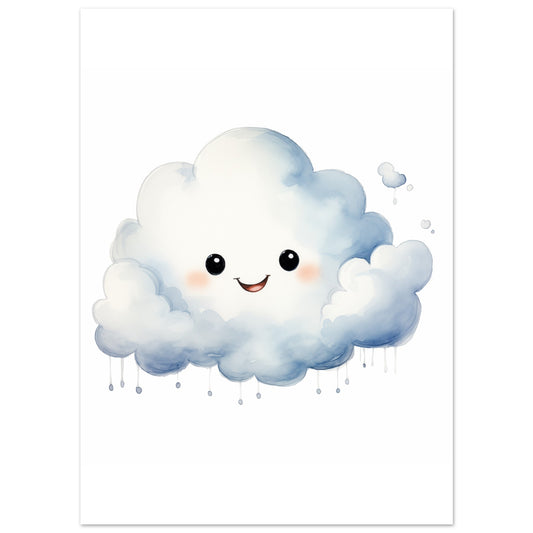 Poster „Clara, die Wolke“ mit lächelnde weiße Cartoonwolke mit kleinen Regentropfen, Format 13 × 18 cm
