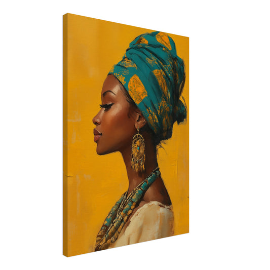 Leinwand „Farbenfrohe Eleganz im Profil“ mit Frauenprofil mit türkisfarbenem Kopftuch und Goldschmuck vor Ockergelb, 50x70 cm