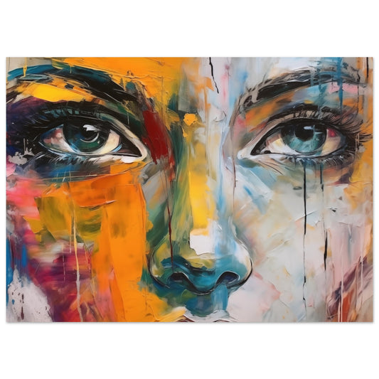 Poster „Hypnotisch“ mit expressivem Frauenporträt mit farbigen Pinselspuren, 13x18 cm