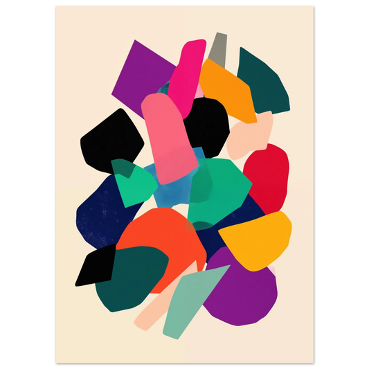Poster „Farbfragment No. 01“ mit abstrakte Collage aus organischen Formen in Petrol, Pink, Orange, Schwarz und Violett, 13x18 cm