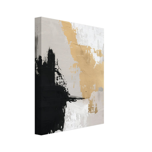 Leinwand „Golden Brushstroke Harmony“ mit abstrakte Pinselkomposition in Schwarz, Weiß, Grau und warmem Gold, 20x25 cm