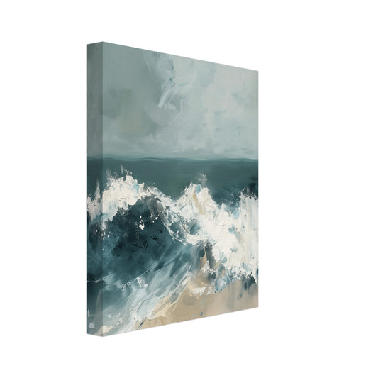 Leinwand „Schaumende Wogen“ mit schaumender Meereswelle in Petrol, Türkis, Sand und Creme, 20x25 cm