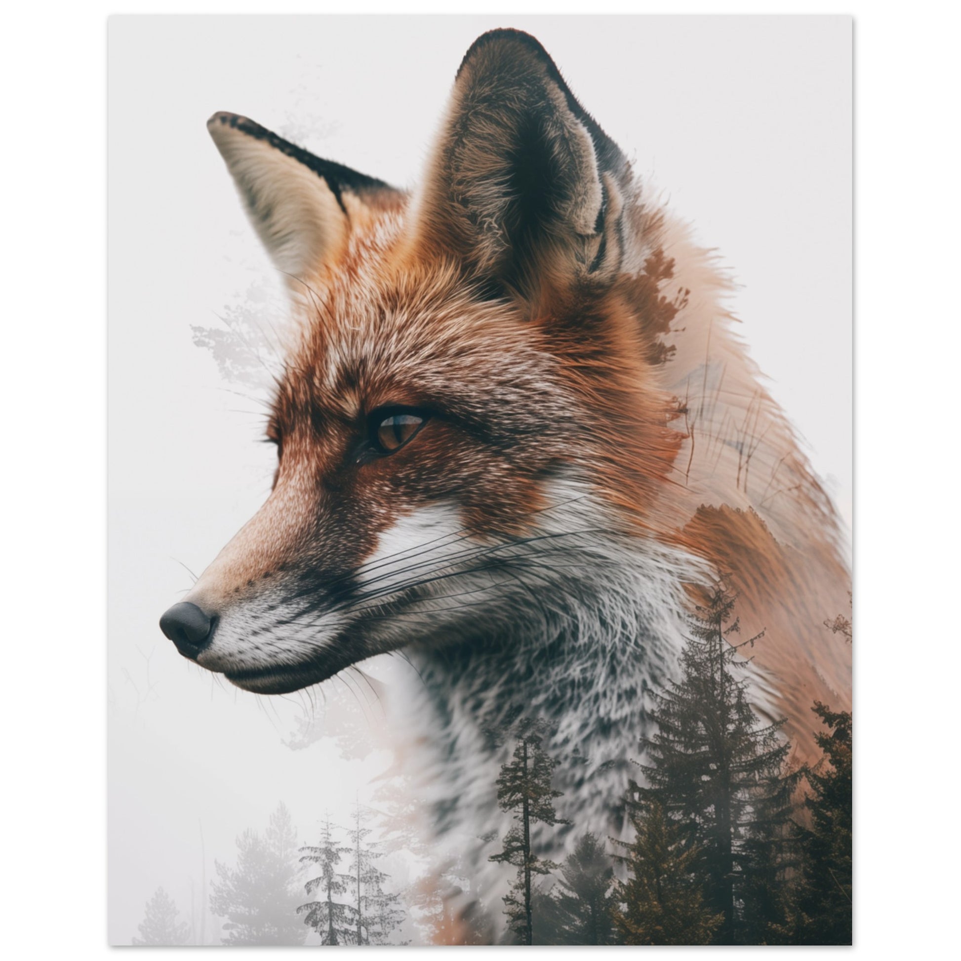 Wandbild „Fuchs im Nebelwald“ mit realistisches Fuchsprofil mit dunklem Nadelwald als Doppelbelichtung, 20x25 cm
