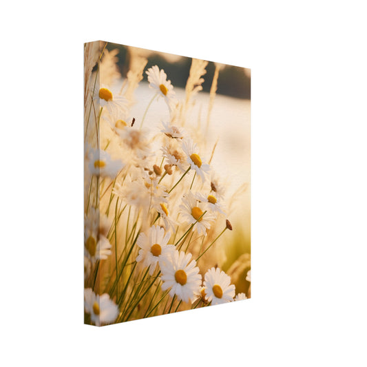 Leinwand „Abendsonne und Gänseblümchen“ mit Gänseblümchen auf einer hellen Wiese im warmen Abendlicht, 20 × 25 cm
