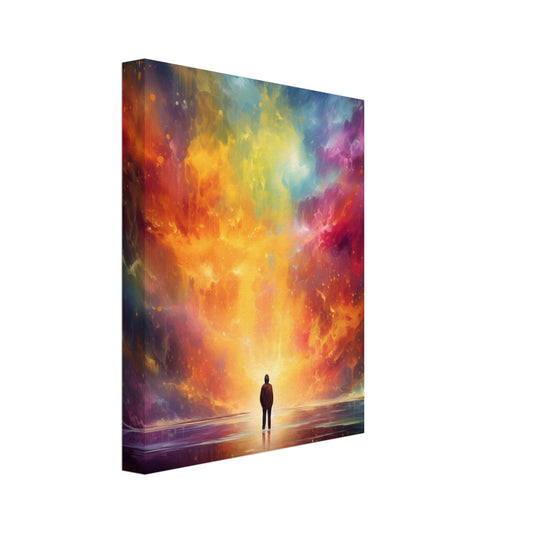 Leinwand „Farbexplosion“ mit leuchtende Farbexplosion mit kleiner Silhouette im Lichtzentrum, 20x25 cm