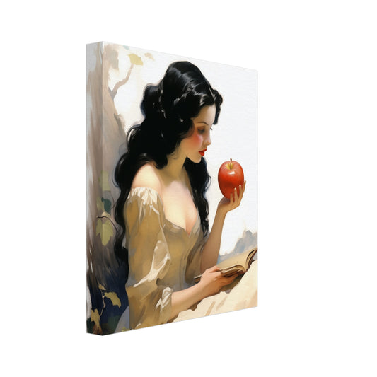 Leinwand „Ewige Anmut“ mit dunkelhaarige Frau mit roter Frucht in warmer Vintage-Illustration, 20x25 cm