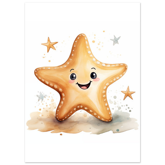 Poster „"Sterni" der Seestern“ mit fröhlichem orangefarbenem Seestern mit Gesicht und kleinen Sternen, 13x18 cm