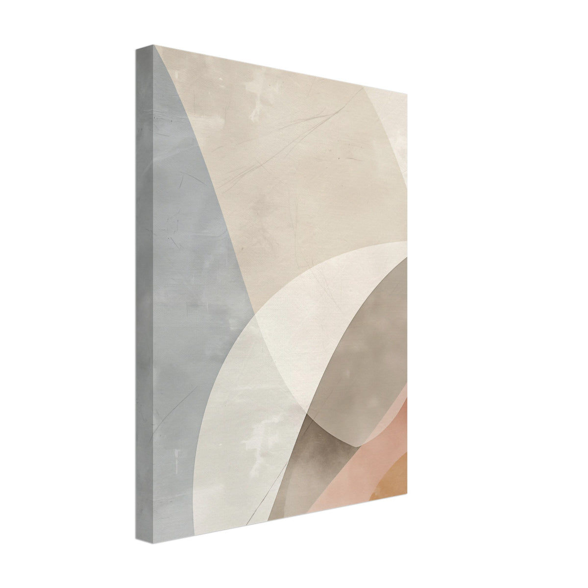 Leinwand „Geometrische Abstraktion“ mit sanfte geometrische Bögen und Flächen in Beige, Grau, Creme und Apricot, 30x40 cm