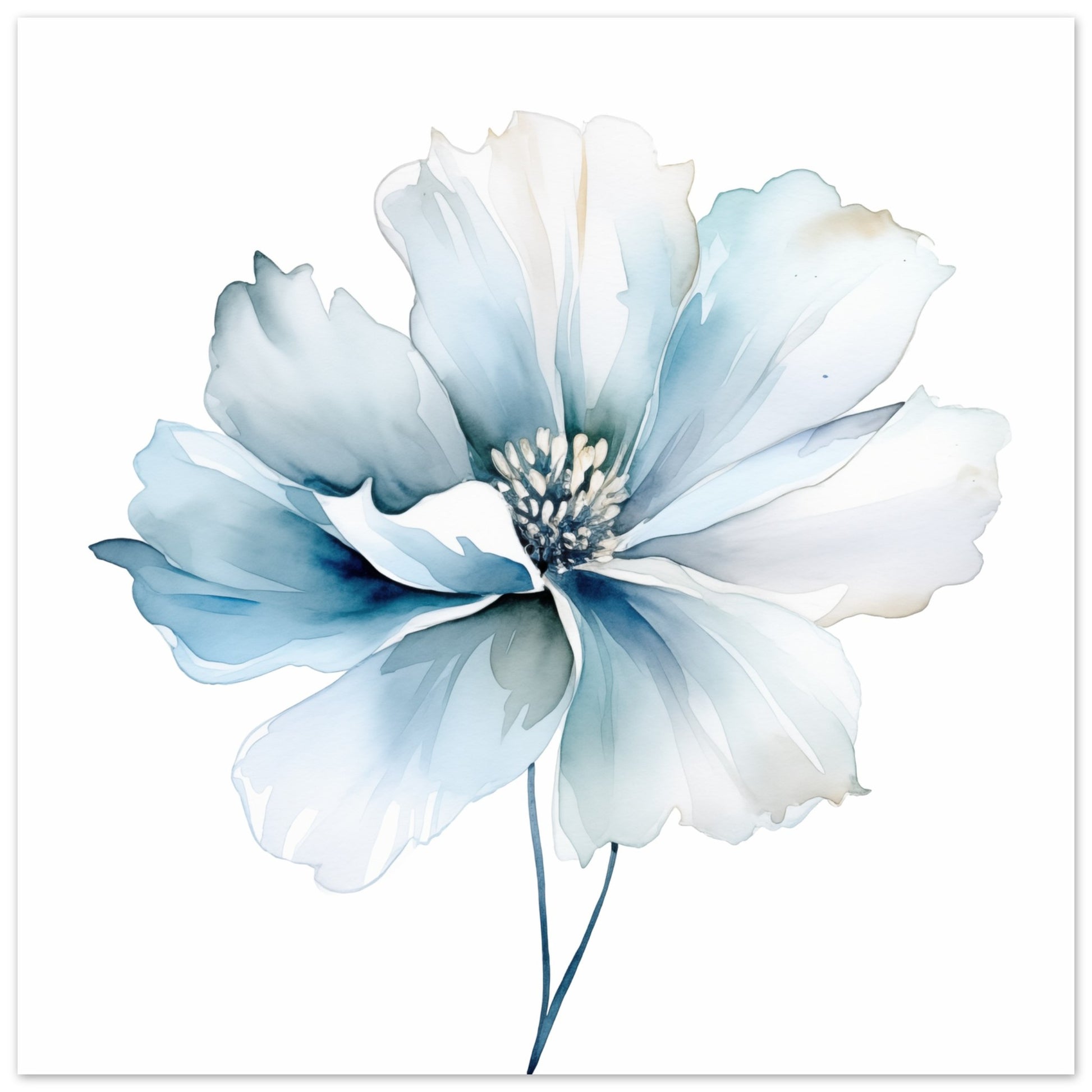 Poster „Aquamarinblüte“ mit hellblauer Aquarellblüte mit transparenten Blütenblättern, 30 × 30 cm