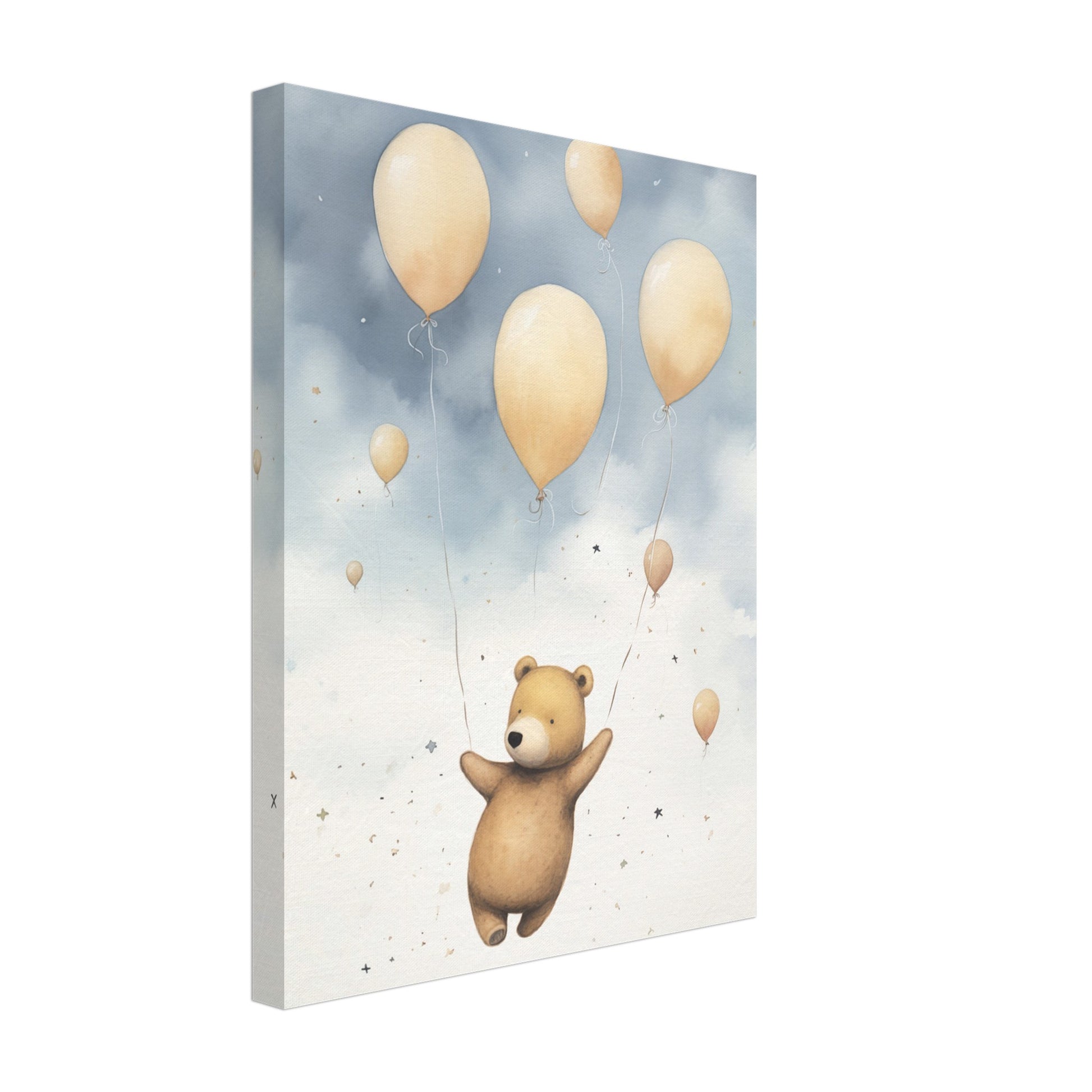 Leinwand „Gilberts Himmelfahrt“ mit Teddybär mit gelben Luftballons vor hellblauem Himmel, 30x40 cm