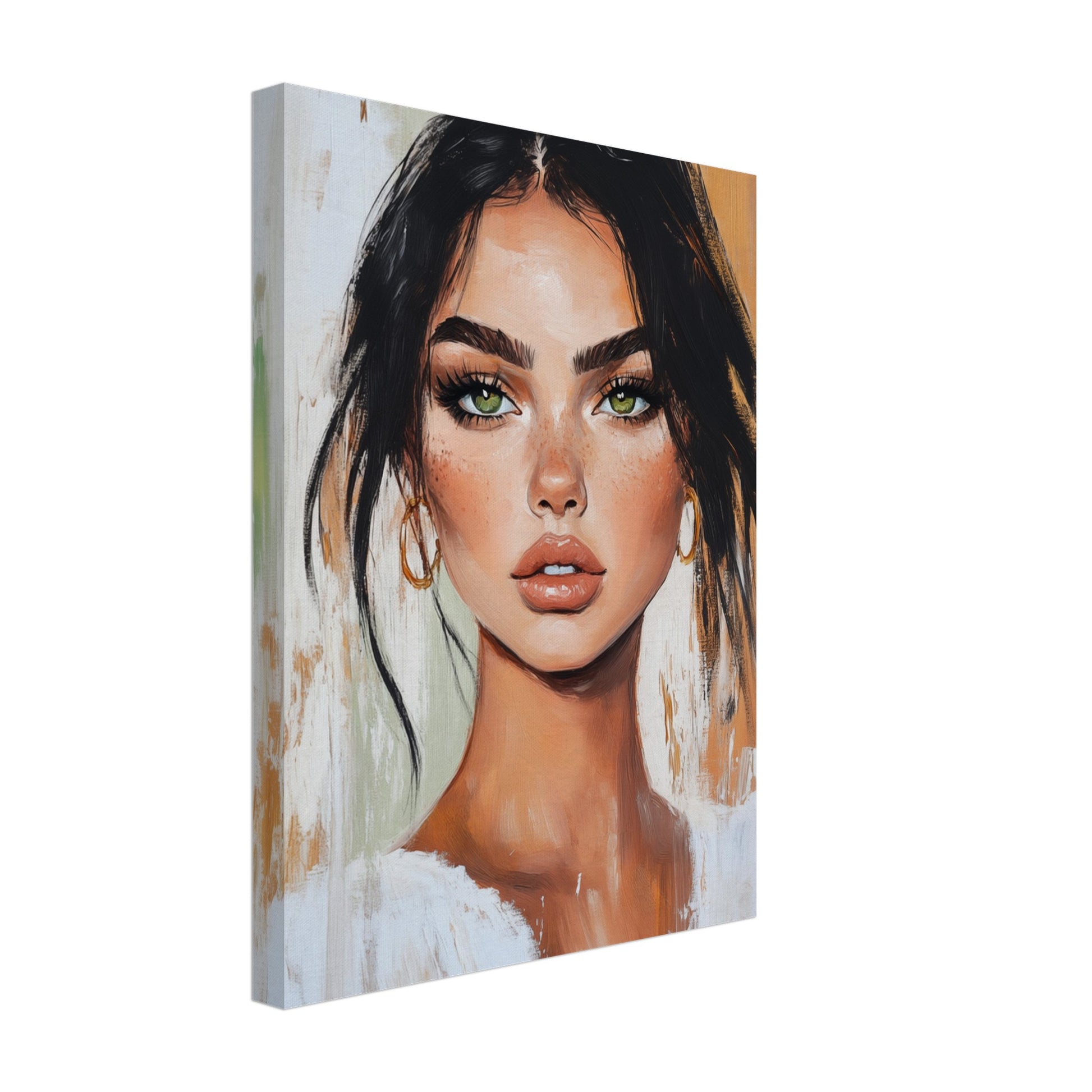 Leinwand „Strahlendes Porträt“ mit Frauenporträt in warmen Beige-, Orange- und Türkistönen, 30x40 cm