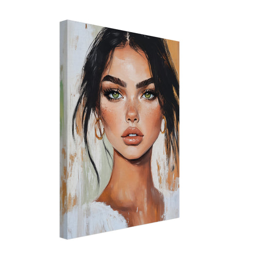 Leinwand „Strahlendes Porträt“ mit Frauenporträt in warmen Beige-, Orange- und Türkistönen, 30x40 cm