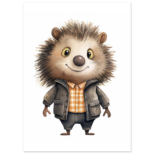 Poster „Stachelschwein "Piet"“ mit niedlichem Stachelschwein mit Jacke und kariertem Hemd, 13x18 cm