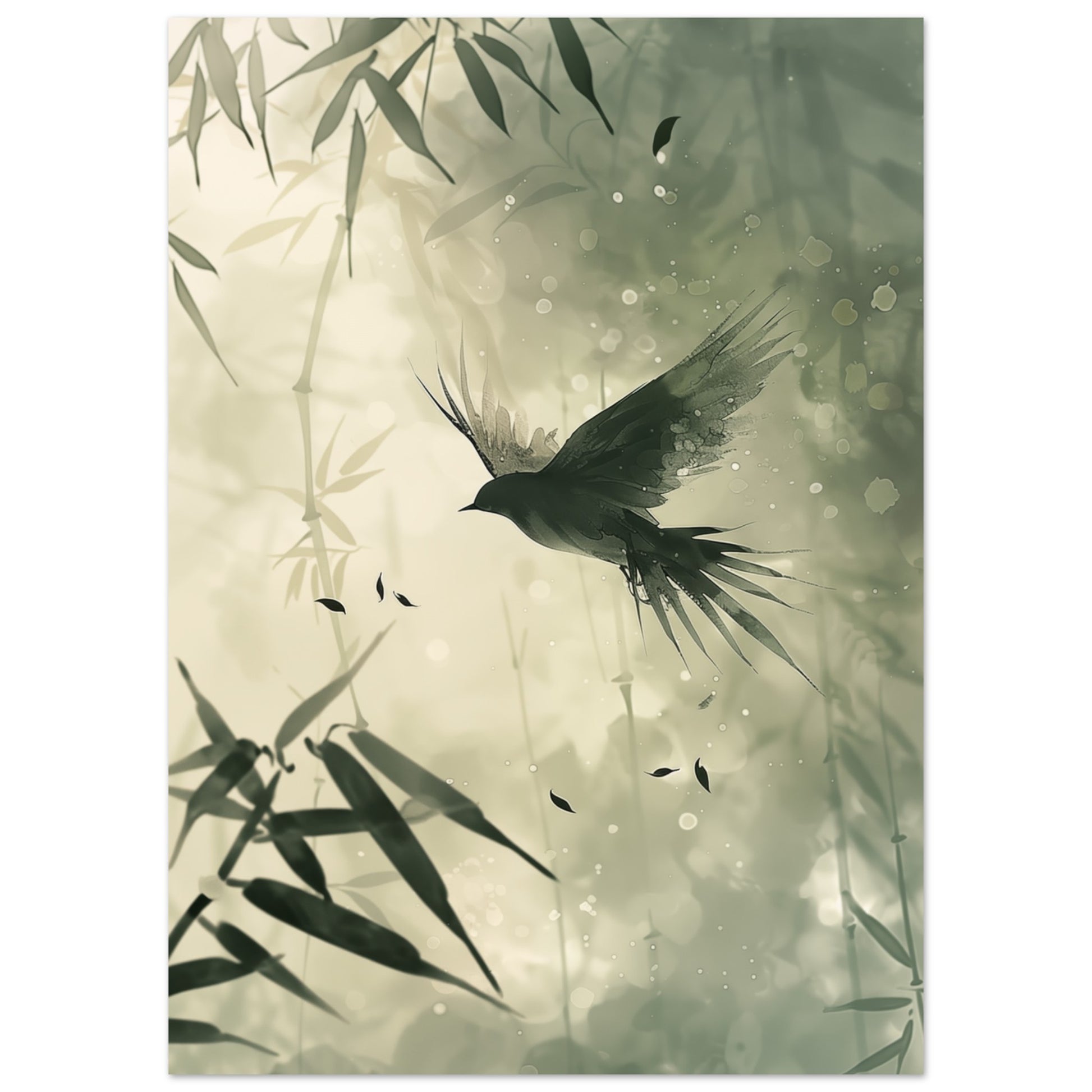 Wandbild „Vogel im Bambuswald“ mit schwarzer Vogel im Flug zwischen zarten Bambusblättern in Salbei und Beige, 50x70 cm