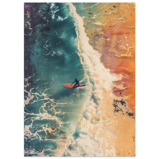 Poster „Surfer's Eclipse“ mit Luftaufnahme einer Küste mit türkisfarbenem Meer und hellem Sand, 13x18 cm