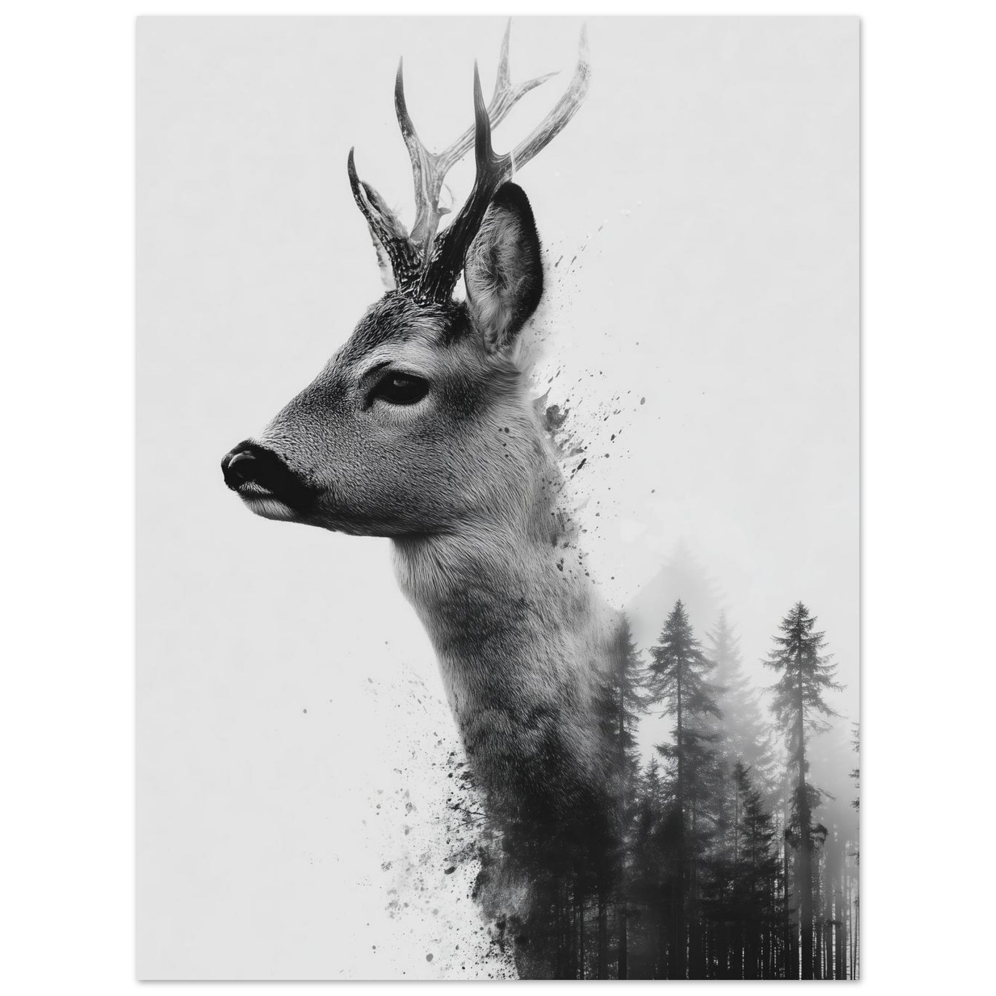 Wandbild „Reh & Wald , Doppelbelichtung in Schwarzweiß“ mit Rehprofil mit dunklem Nadelwald als Schwarzweiß-Doppelbelichtung, 30x40 cm