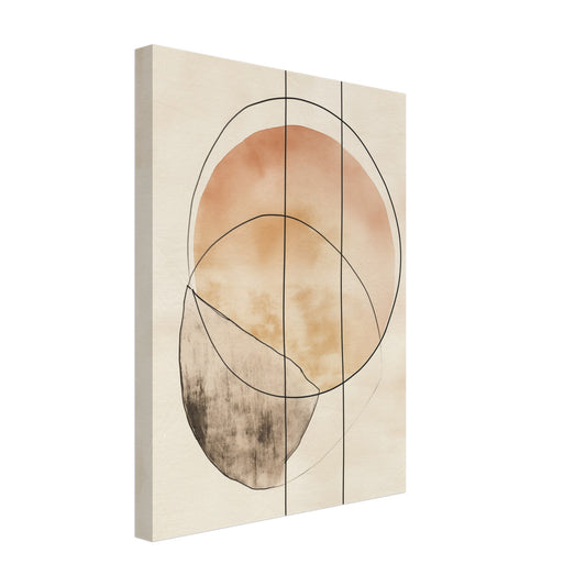 Leinwand „Harmonie der Linien“ mit überlagerte transparente Kreise und feine Linien in Apricot, Beige, Grau und Schwarz, 30x40 cm