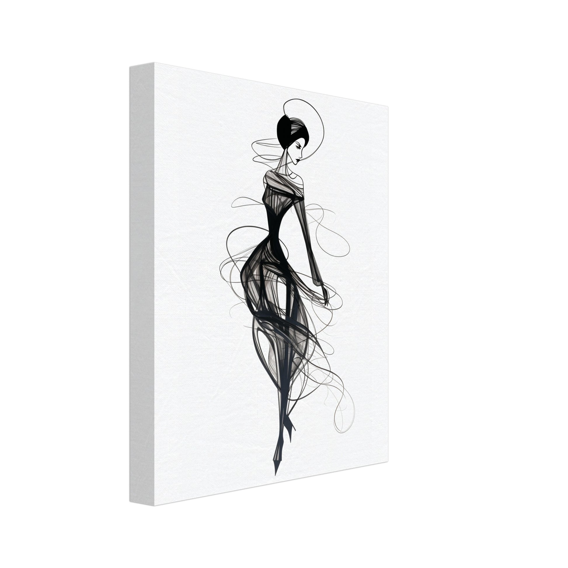 Leinwand „Whispers of the Wind“ mit elegante Frauenfigur als dynamische schwarze Line Art mit fließendem Kleid, 20x25 cm