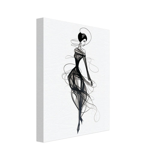 Leinwand „Whispers of the Wind“ mit elegante Frauenfigur als dynamische schwarze Line Art mit fließendem Kleid, 20x25 cm