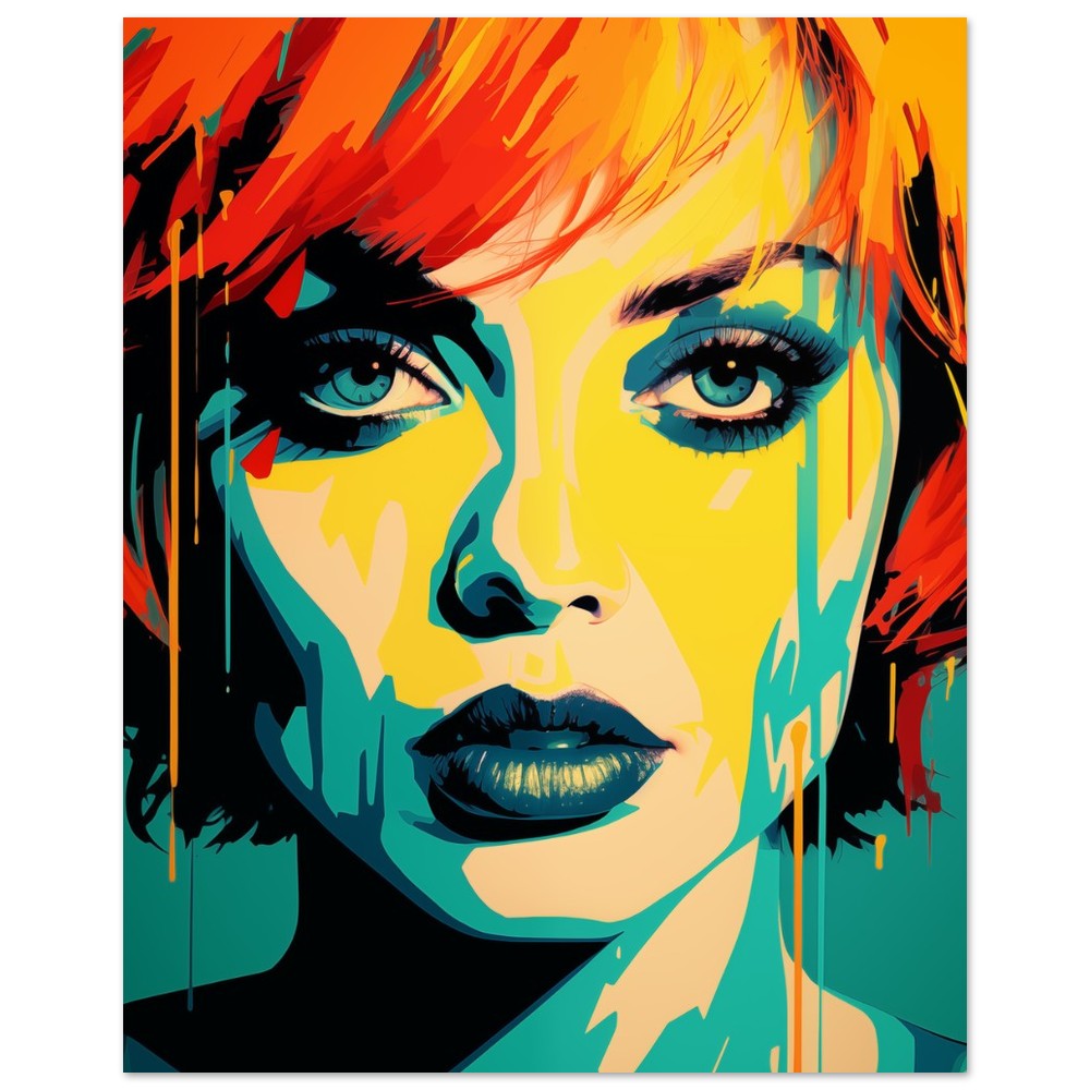 „Color Splash Diva“ als Wandbild mit Pop Art Frauenporträt in Türkis, Gelb, Orange und Schwarz, Format 20 × 25 cm
