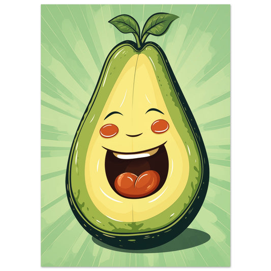 Poster „Glückliche Avocado“ mit fröhliche Avocadofigur mit lachendem Gesicht auf hellgrünem Hintergrund, 13x18 cm